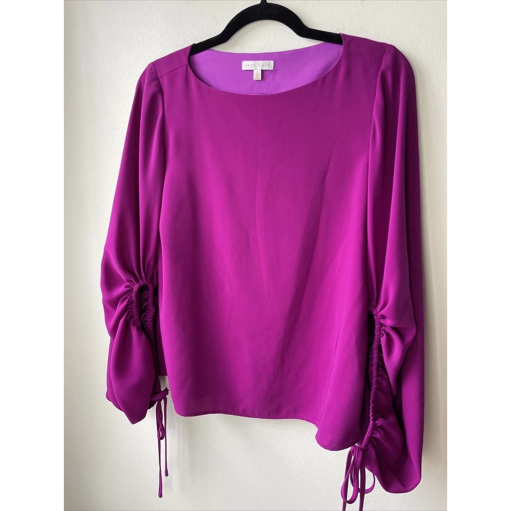 Anna Cate Blouse Womens S Magenta Ruched Tie Sleeve Boat Neck Top Chic Elegant